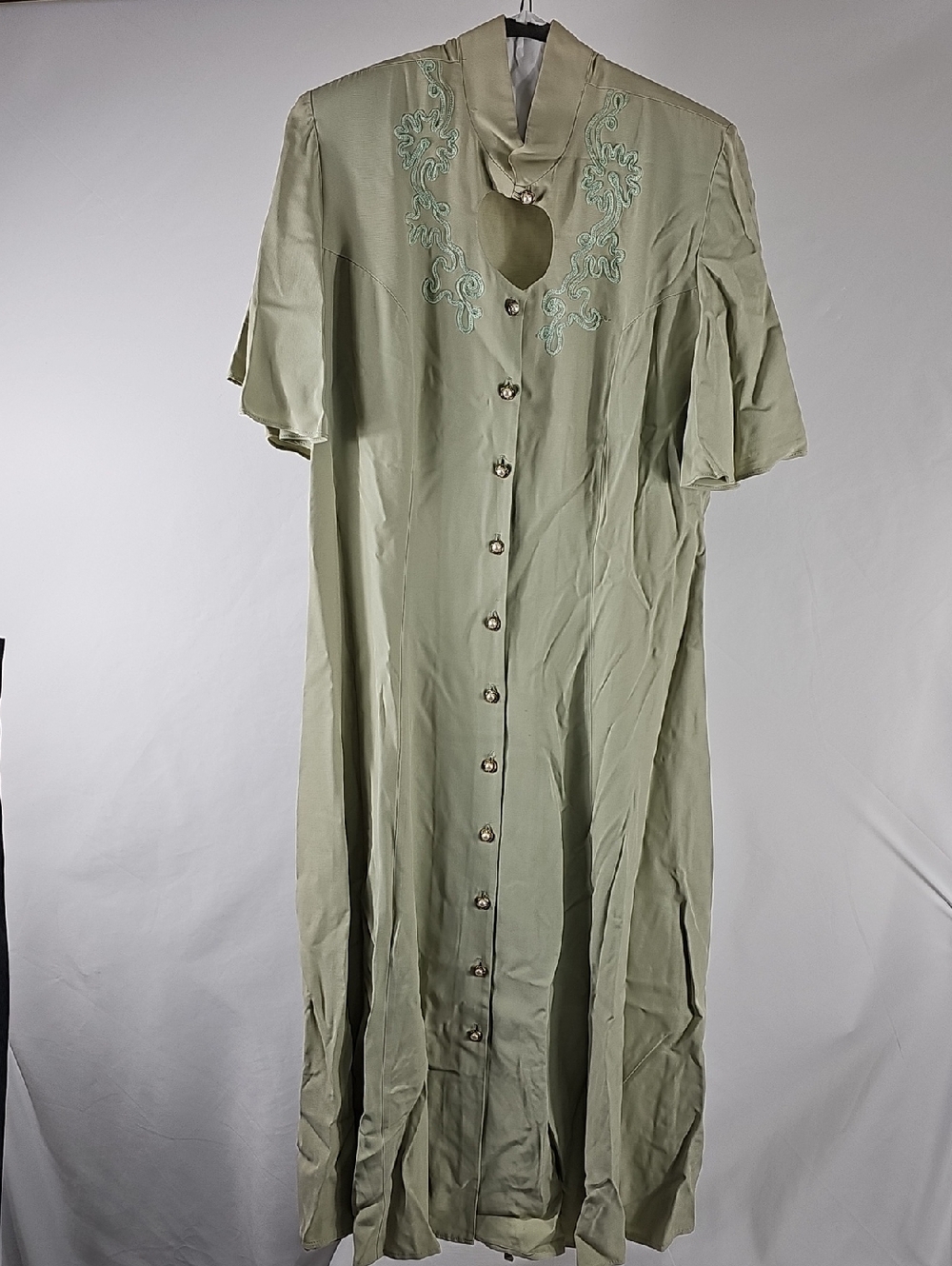 Sage Green Button-Front Embroidered Maxi Dress